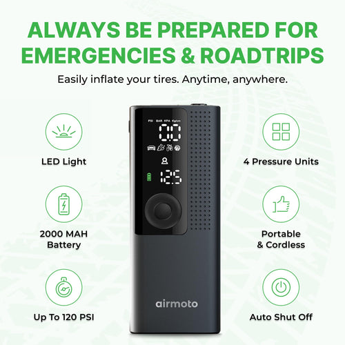 Airmoto Tire Inflator Portable Air Compressor - Air Pump For Car Tires with Digital Pressure Gauge, LED Light and Auto Shut-Off Function - Cordless Pump for Car, Motorcycle, Bicycle, Ball