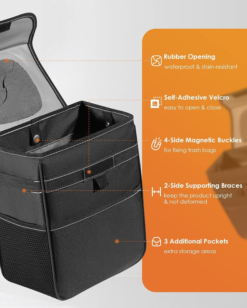 HOTOR Car Trash Can, Leak-Proof Car Organizer, Black
