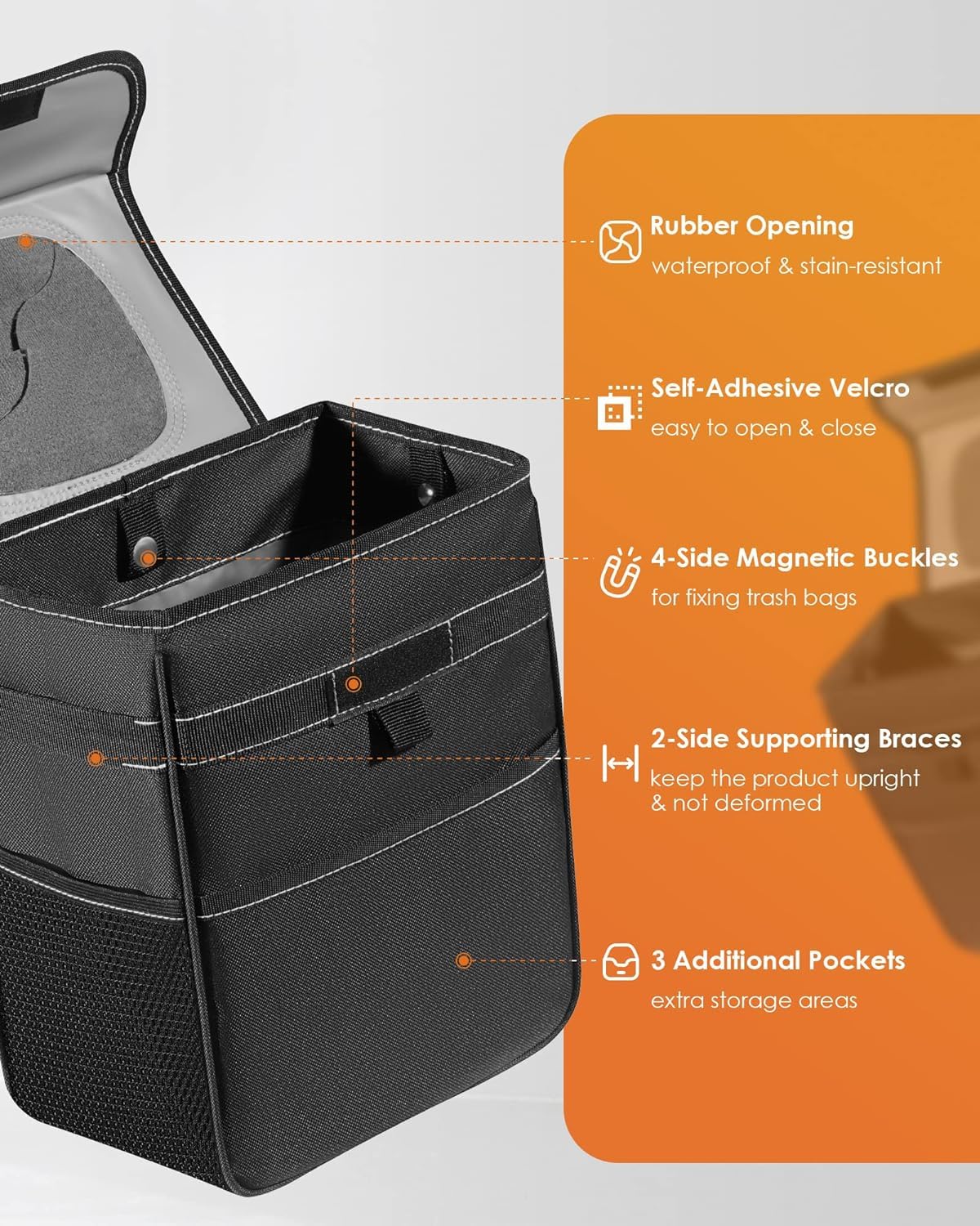 HOTOR Car Trash Can, Leak-Proof Car Organizer, Black