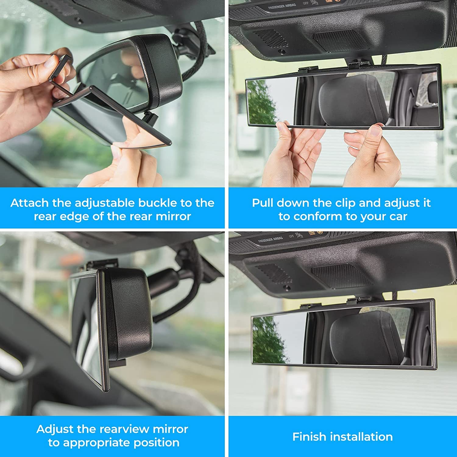 JOYTUTUS Panoramic Rear View Mirror, 12 Inch Wide Angle Clip On Mirror, Universal Car Interior Accessories, Convex Interior Mirror Reduces Blind Spot, Clear Vision Fits Car SUV Trucks
