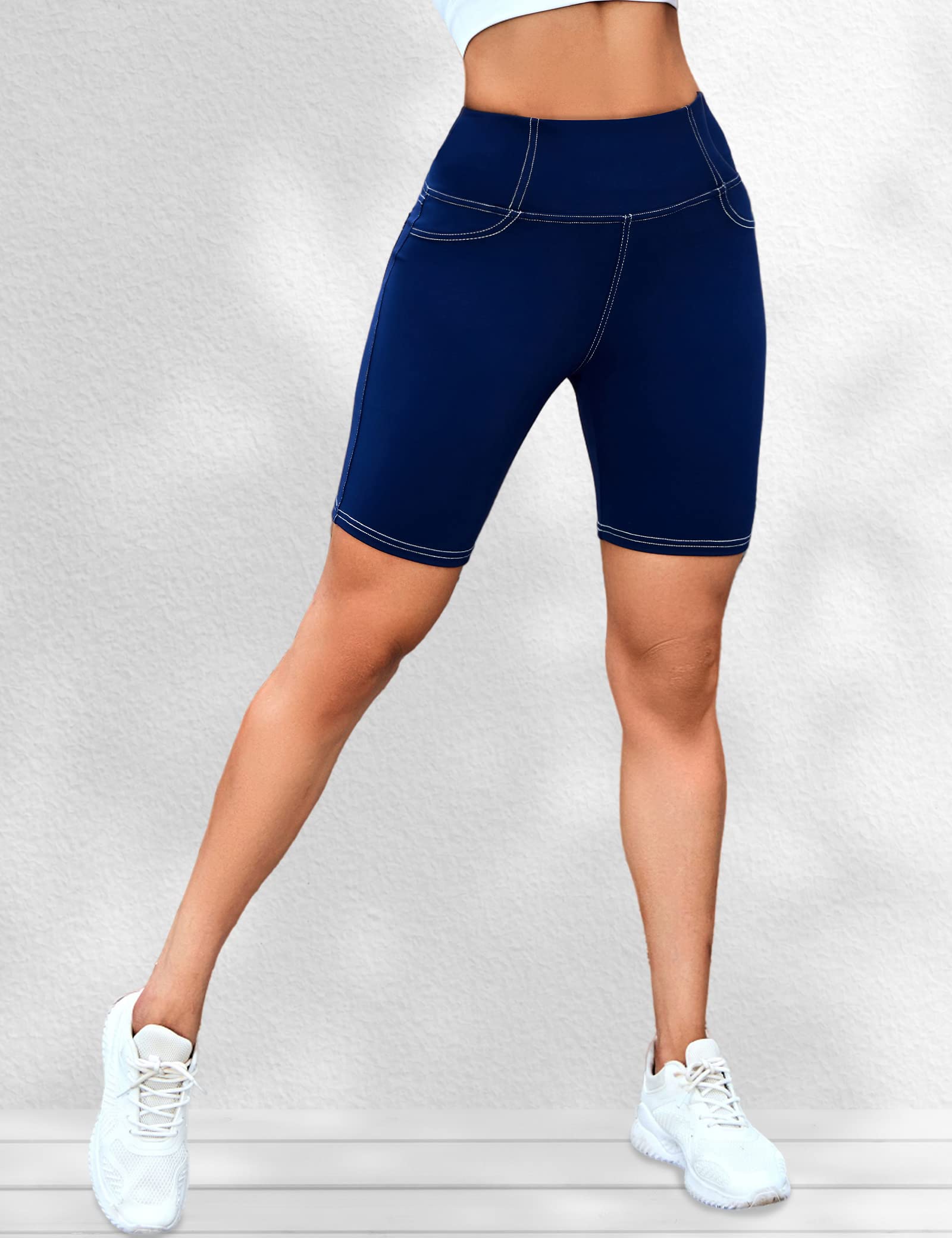 VOOVEEYA 5"/8" High Waisted Yoga Biker Shorts with Pockets for Women - Tummy Control Workout Spandex Gym Shorts(Navy Blue-L)