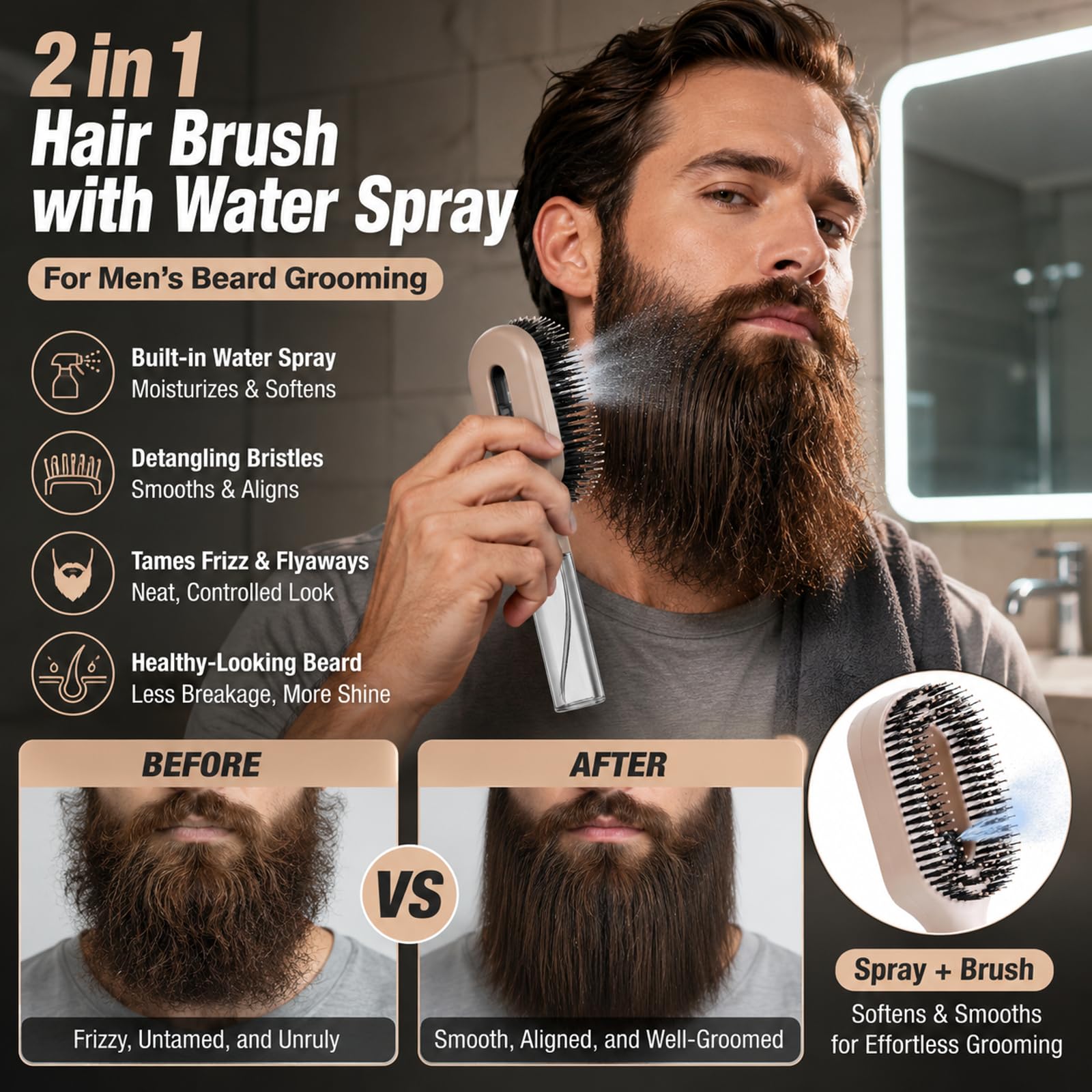 2 in 1 Hair Brush with Water Spray, Misting Brush for Mixed Hair, One-Touch Anti-Flyaway Spray Comb, Simplify Your Haircare, Spraying Hairbrush for Smoother Softer Beard Hair (AquaBrush Rose Pink)