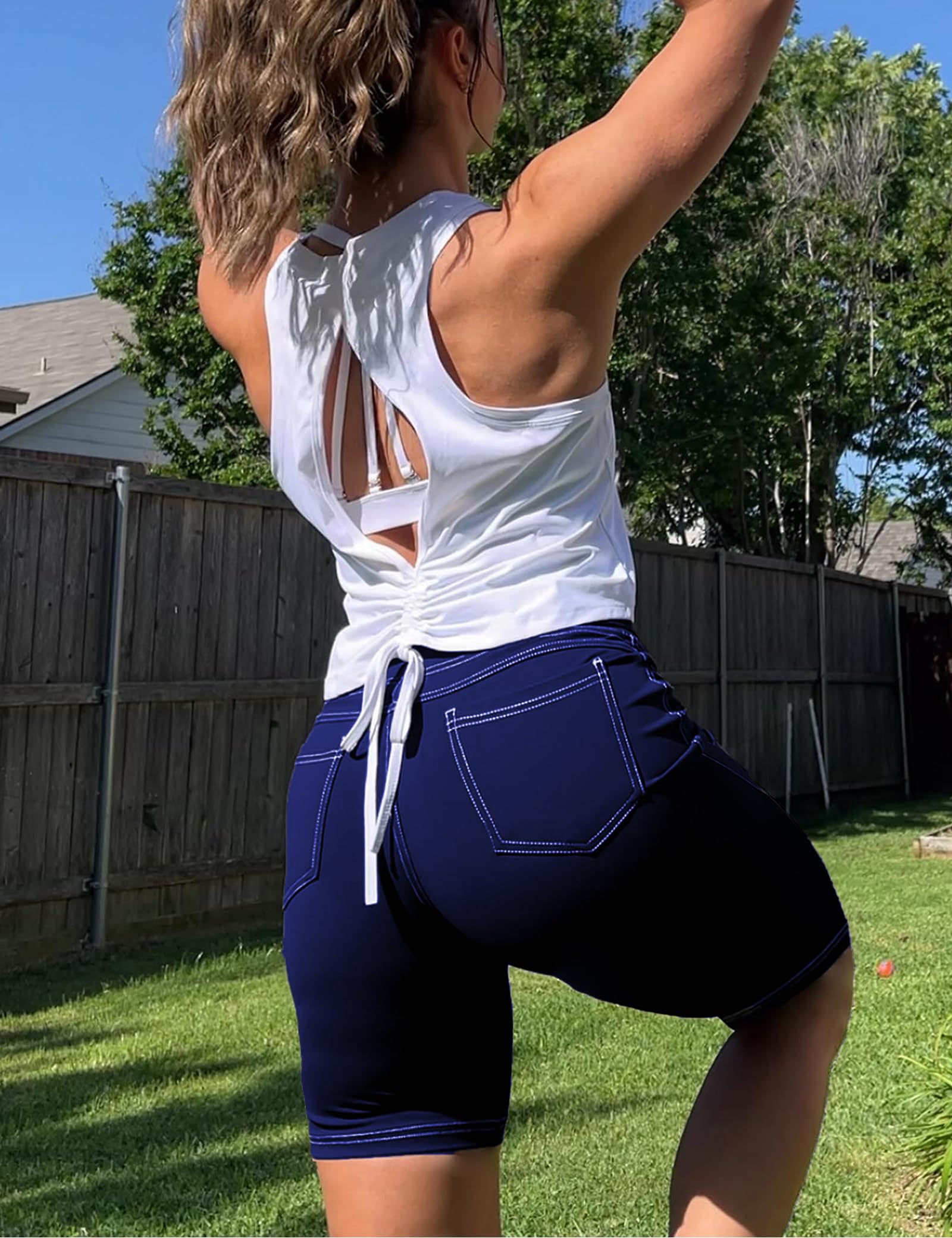VOOVEEYA 5"/8" High Waisted Yoga Biker Shorts with Pockets for Women - Tummy Control Workout Spandex Gym Shorts(Navy Blue-L)