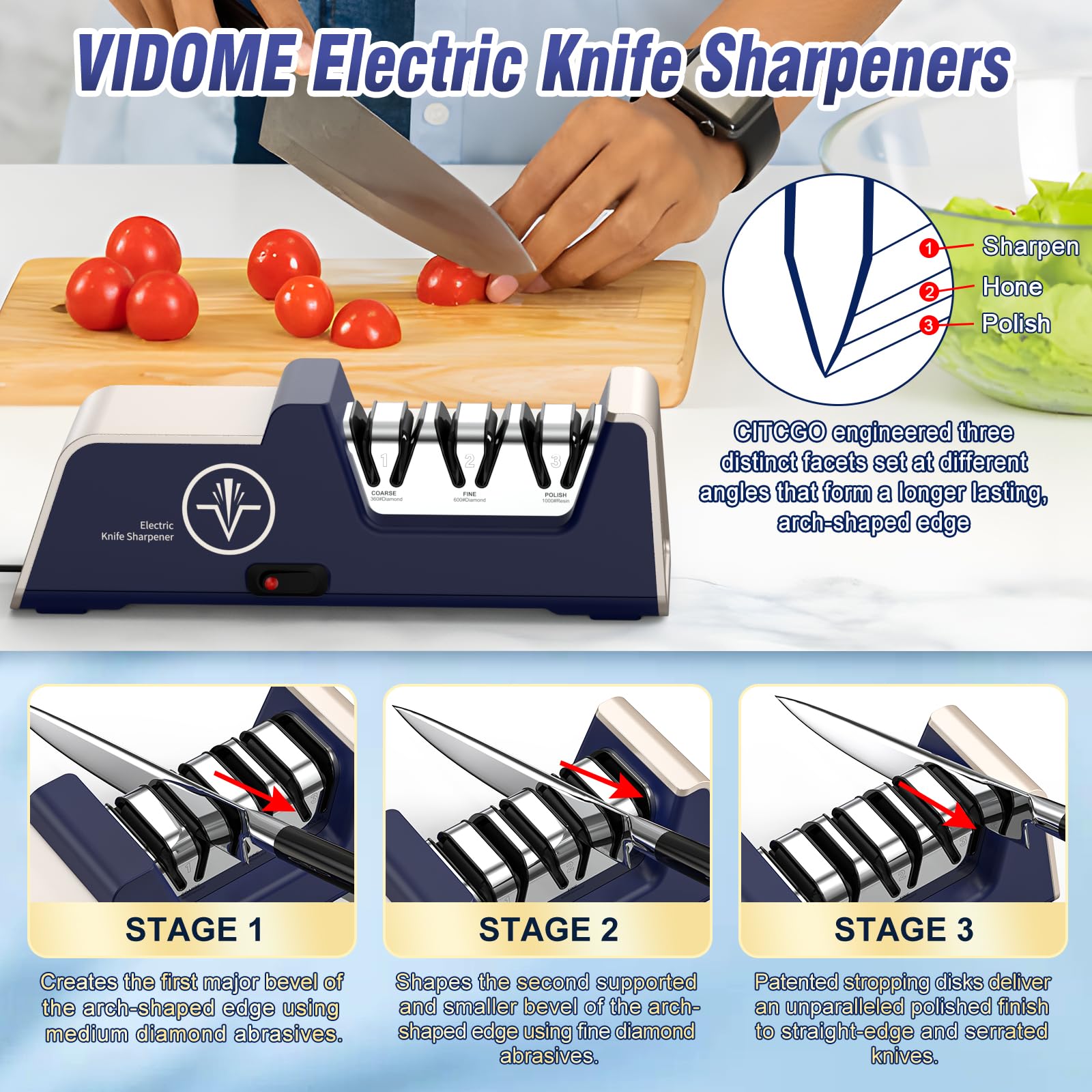 Professional Electric Knife Sharpener 3-Stage, Noble Blue & Noble Gold