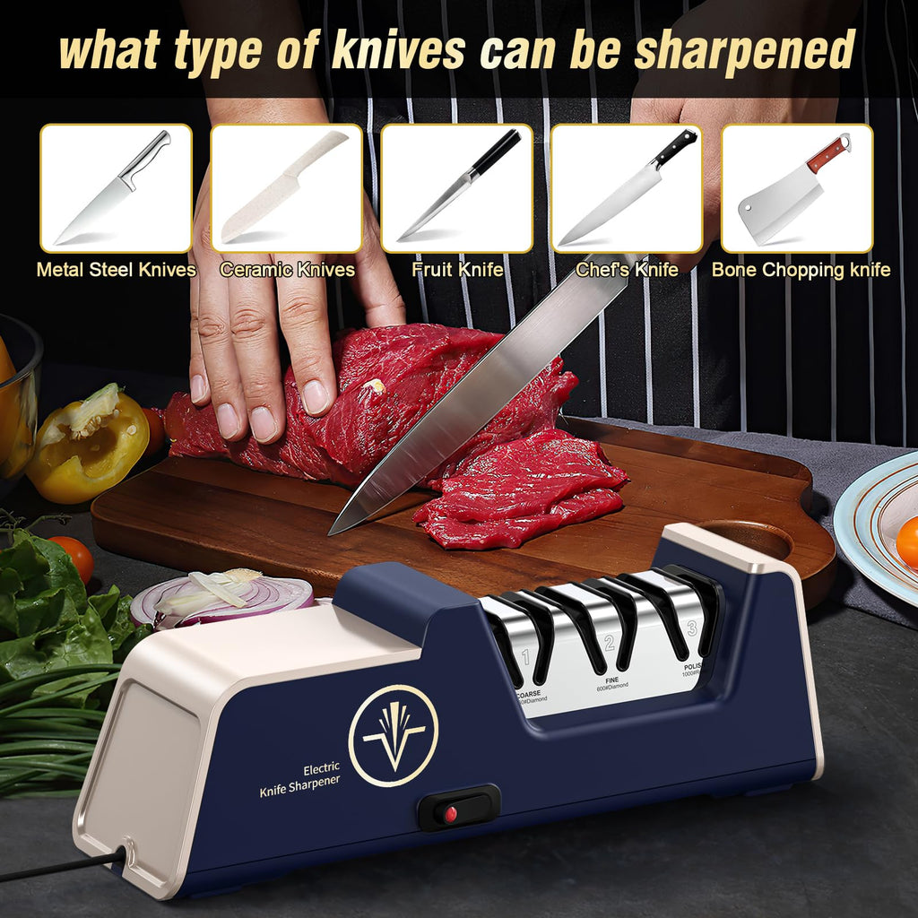 Professional Electric Knife Sharpener 3-Stage, Noble Blue & Noble Gold