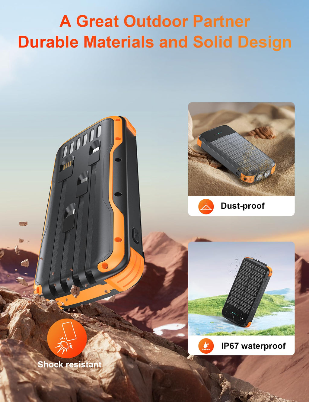 SOXONO Solar Charger Power Bank, PD 20W Fast Charging External Batter, 40000mAh Portable Phone Charger Built in 4 Cables with Dual Bright Flashlights for Camping, Hiking, and Outdoor Use