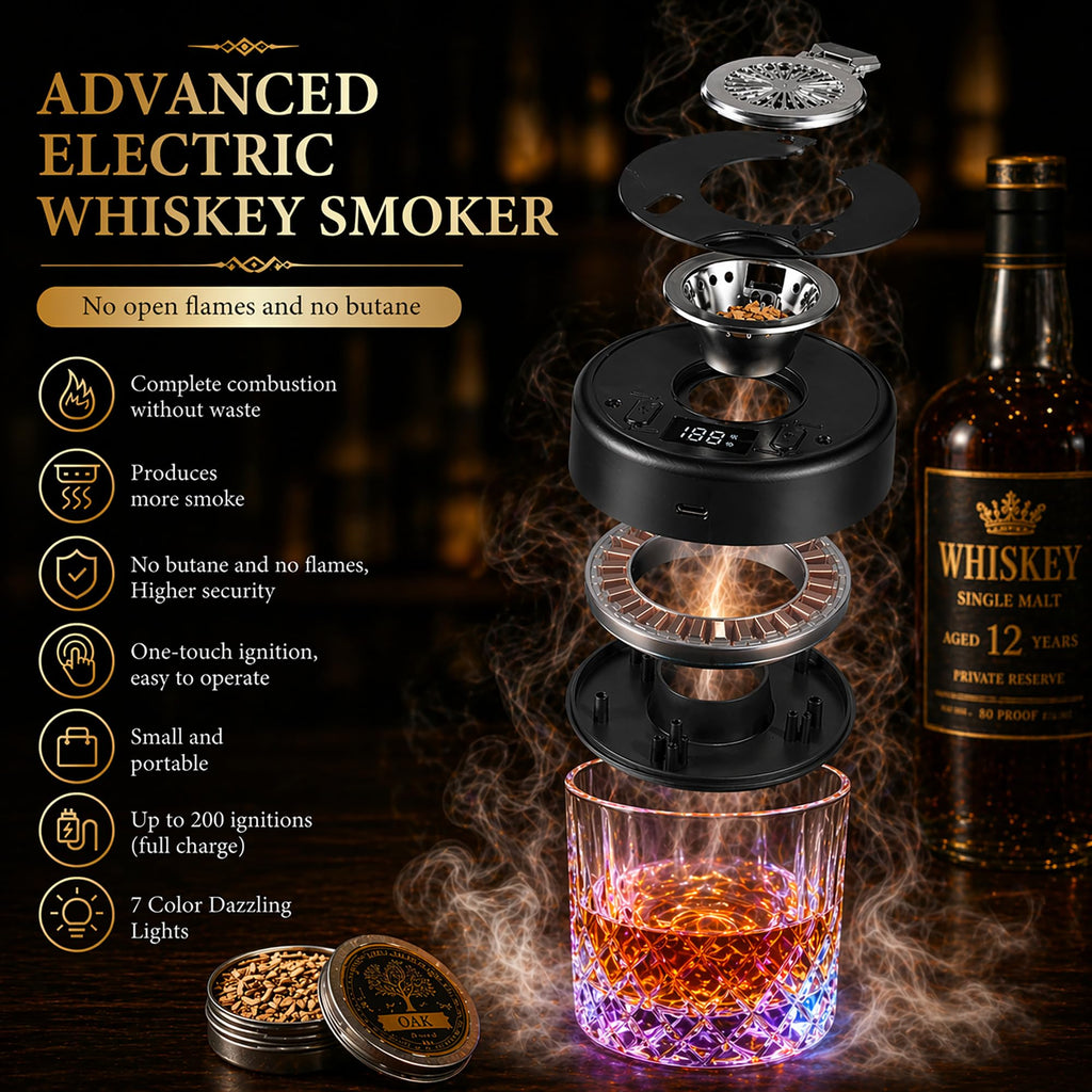 Electric Whiskey Smoker Kit, Torch-Free Rechargeable Cocktail Smoker with 7 Color Lights, Portable Drink Smoker with 10 Wood Chips, Ice Molds & Steel Cubes, Great Gift Idea for Whiskey Lovers
