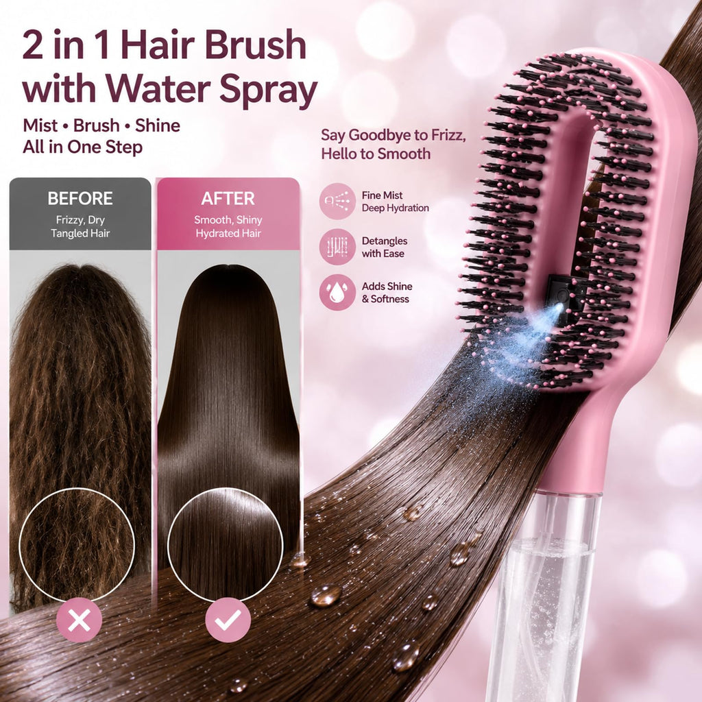 2 in 1 Hair Brush with Water Spray, Misting Brush for Mixed Hair, One-Touch Anti-Flyaway Spray Comb, Simplify Your Haircare, Spraying Hairbrush for Smoother Softer Beard Hair (AquaBrush Rose Pink)