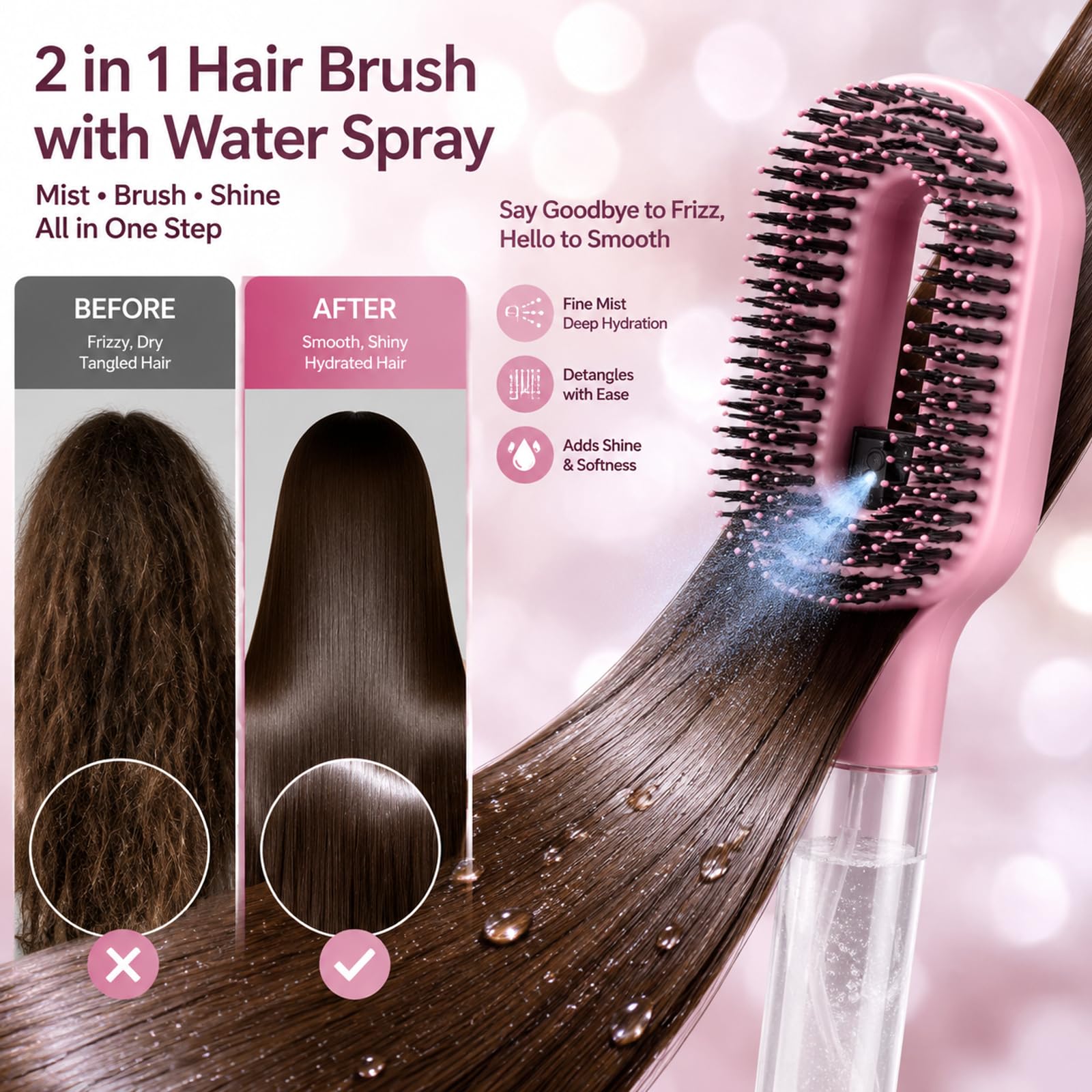 2 in 1 Hair Brush with Water Spray, Misting Brush for Mixed Hair, One-Touch Anti-Flyaway Spray Comb, Simplify Your Haircare, Spraying Hairbrush for Smoother Softer Beard Hair (AquaBrush Rose Pink)