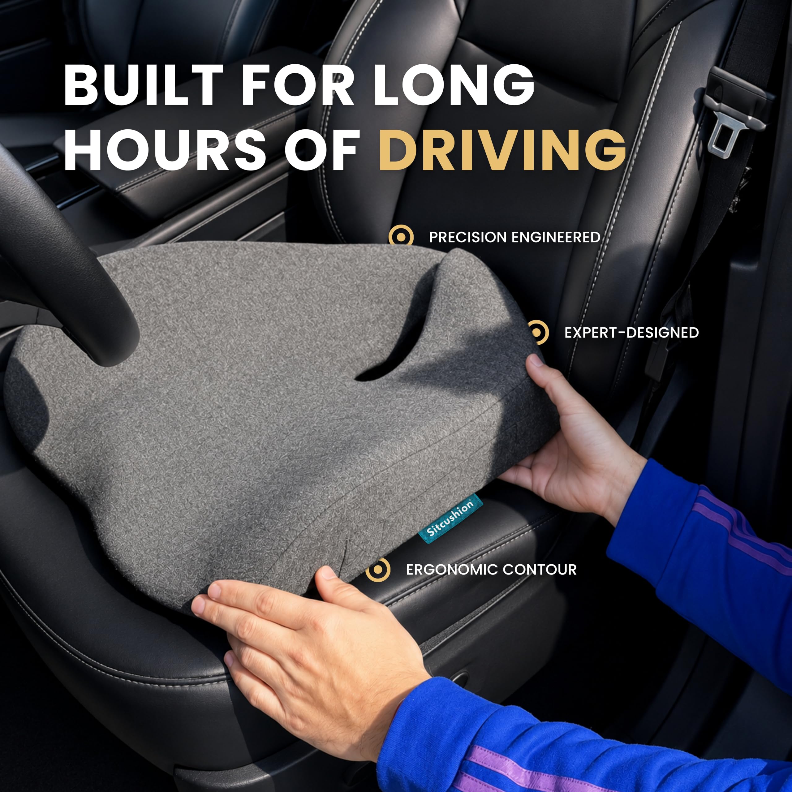 SitCushion Car Seat Cushion for Long Driving – X Large Memory Foam Seat Cushion for Sciatica & Tailbone Pain Relief, Orthopedic Coccyx Cushion with Non-Slip Bottom, Back Pillow for Car, Truck (Black)