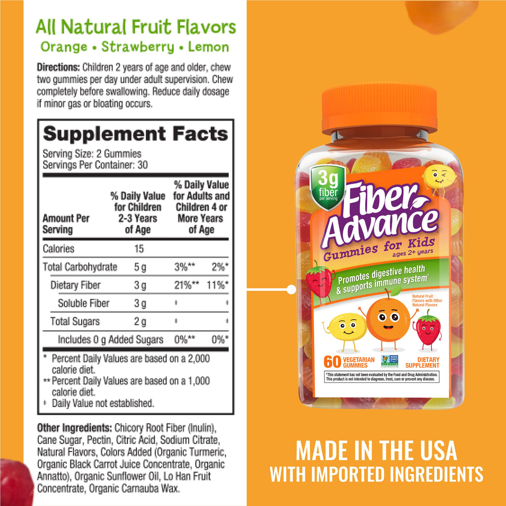 Fiber Advance Gummies for Kids | 100% Plant Based Fiber Supplements for Digestive Health | Prebiotic Fiber Gummies | Vitamins for Kids | Gluten Free, Vegetarian, & Non-GMO, 60 Count