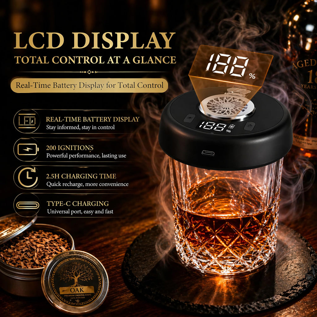 Electric Whiskey Smoker Kit, Torch-Free Rechargeable Cocktail Smoker with 7 Color Lights, Portable Drink Smoker with 10 Wood Chips, Ice Molds & Steel Cubes, Great Gift Idea for Whiskey Lovers