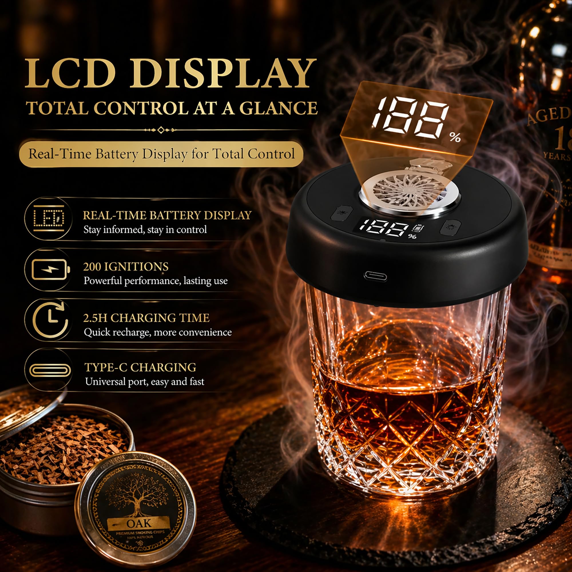 Electric Whiskey Smoker Kit, Torch-Free Rechargeable Cocktail Smoker with 7 Color Lights, Portable Drink Smoker with 10 Wood Chips, Ice Molds & Steel Cubes, Great Gift Idea for Whiskey Lovers