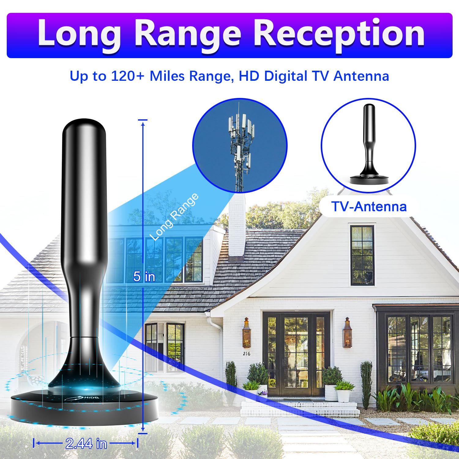 HIDB TV Antenna for Smart TV Indoor, Digital Indoor TV Antenna for Local Channels with Strong Magnetic Base, Easy Installation, Long Range Reception, 4K HD 1080P, 10ft Cables