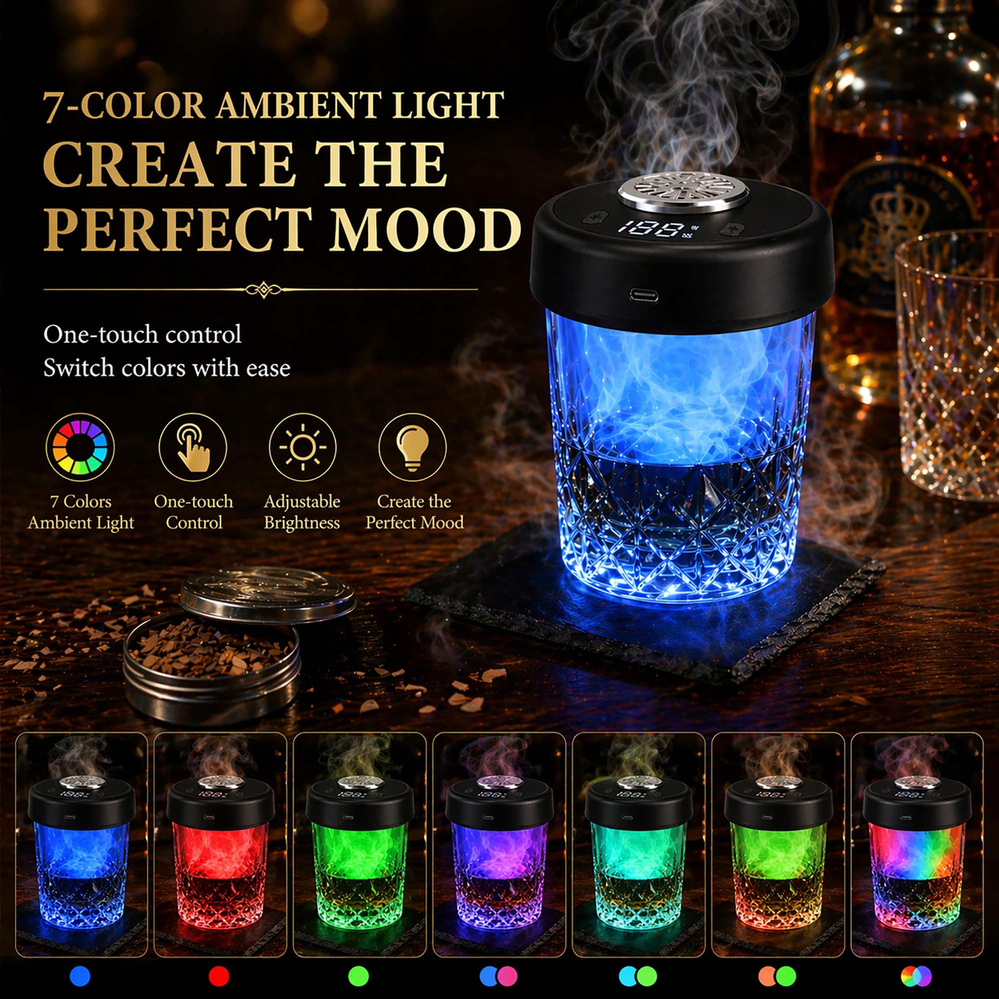 Electric Whiskey Smoker Kit, Torch-Free Rechargeable Cocktail Smoker with 7 Color Lights, Portable Drink Smoker with 10 Wood Chips, Ice Molds & Steel Cubes, Great Gift Idea for Whiskey Lovers