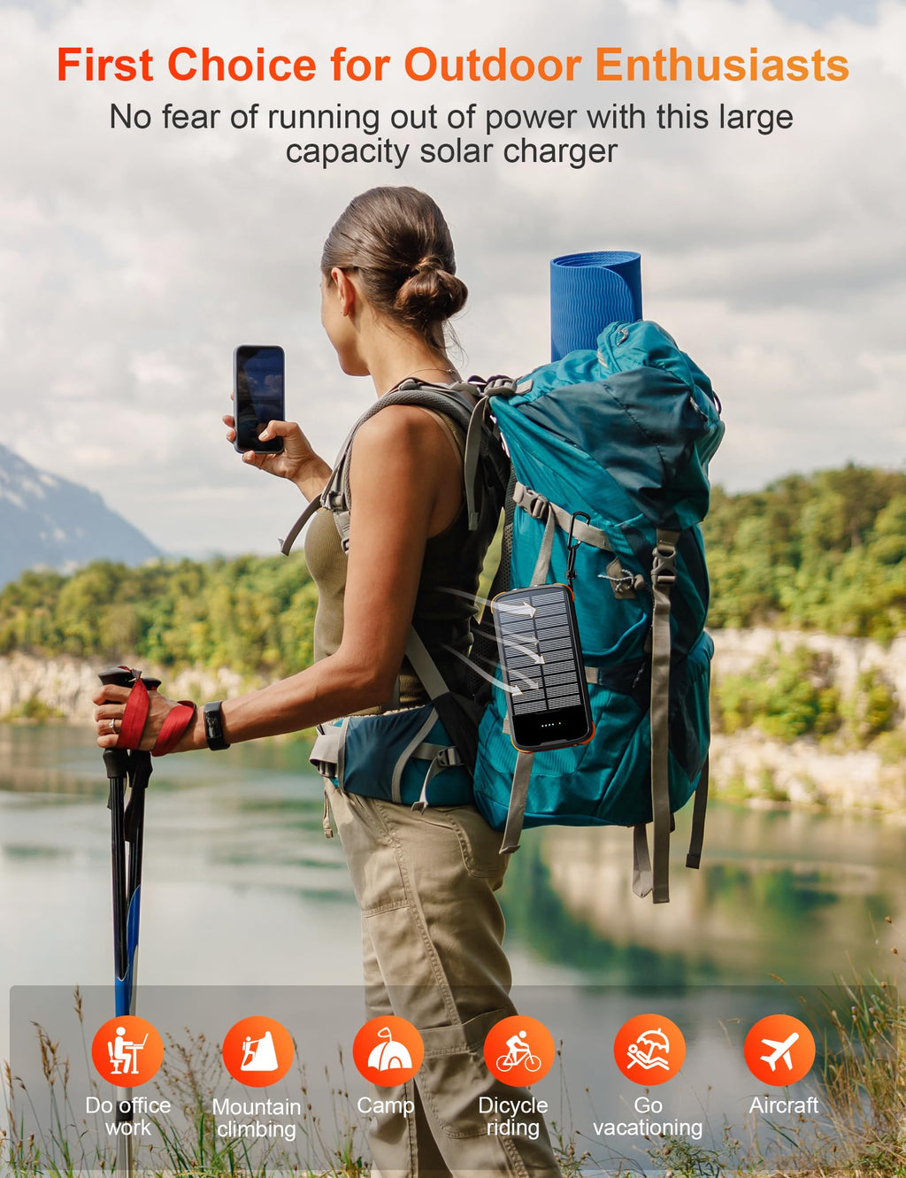 SOXONO Solar Charger Power Bank, PD 20W Fast Charging External Batter, 40000mAh Portable Phone Charger Built in 4 Cables with Dual Bright Flashlights for Camping, Hiking, and Outdoor Use