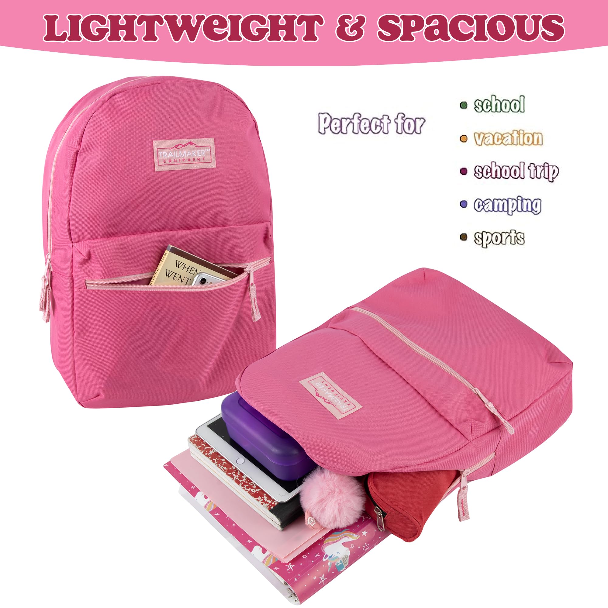 Trail maker Classic 17 inch Backpacks with Adjustable Padded Straps | School Backpacks for Girls, Boys (Pink)