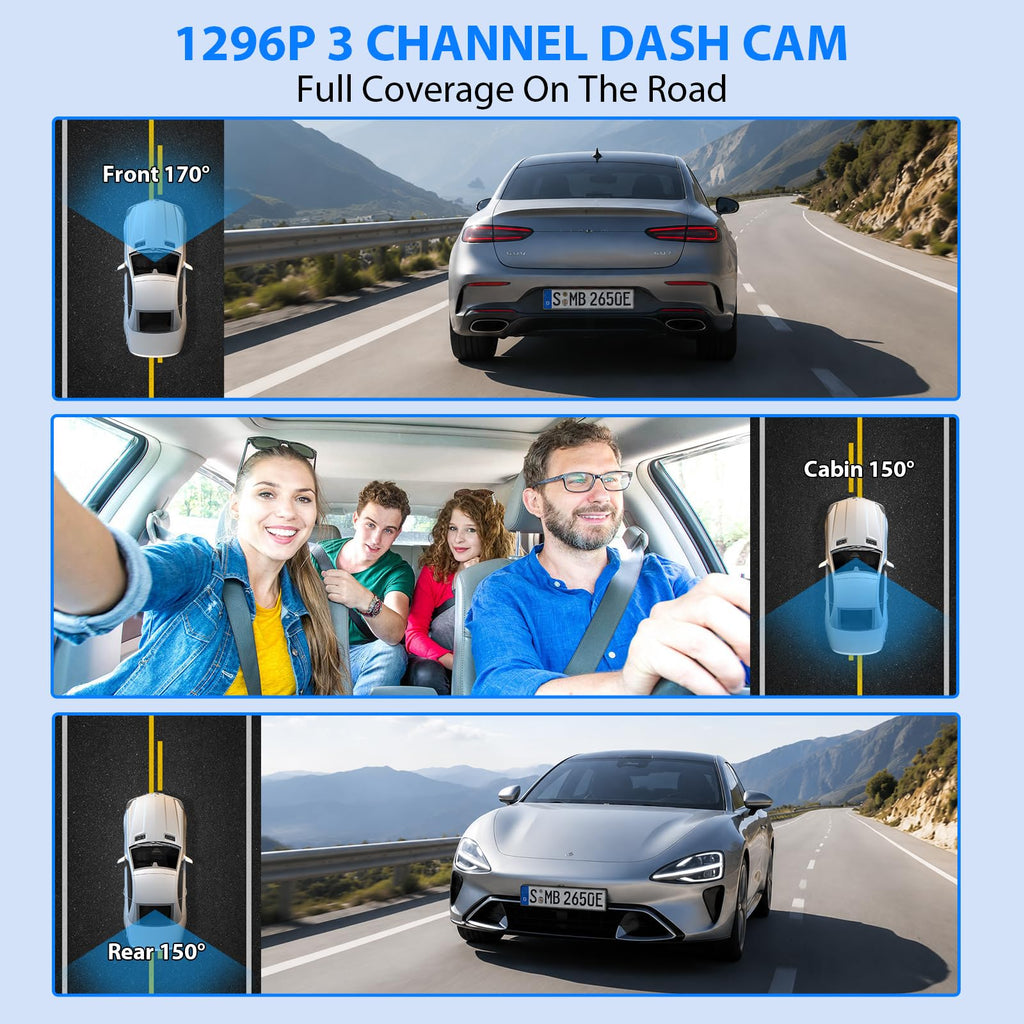 Dash Cam Front and Rear, 1296P Dash Camera for Cars, 3 Channel Car Camera Front Rear and Inside with 32GB Card, Loop Recording, Night Vision, HDR, 24Hr Parking, G-Sensor