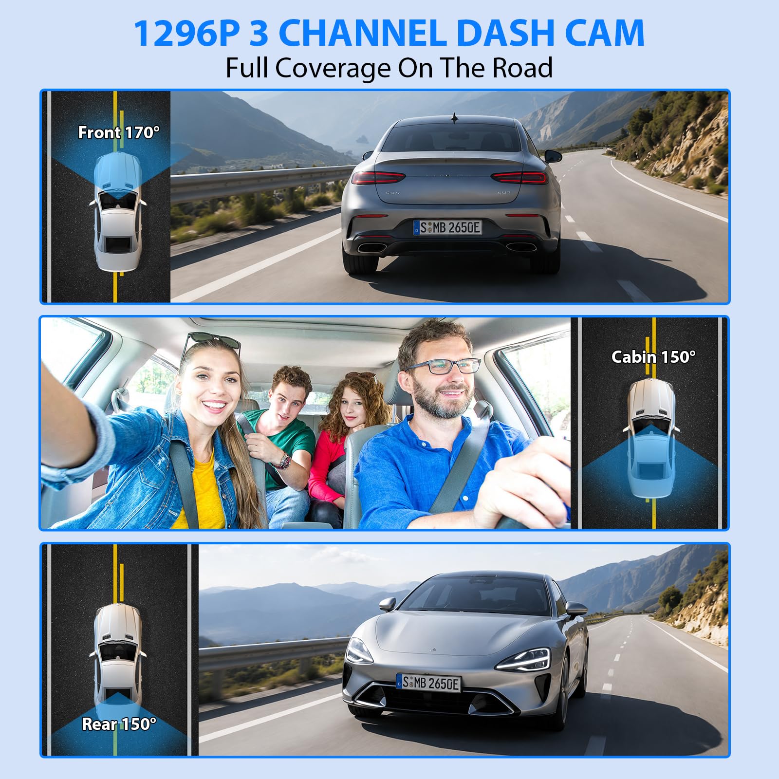 Dash Cam Front and Rear, 1296P Dash Camera for Cars, 3 Channel Car Camera Front Rear and Inside with 32GB Card, Loop Recording, Night Vision, HDR, 24Hr Parking, G-Sensor