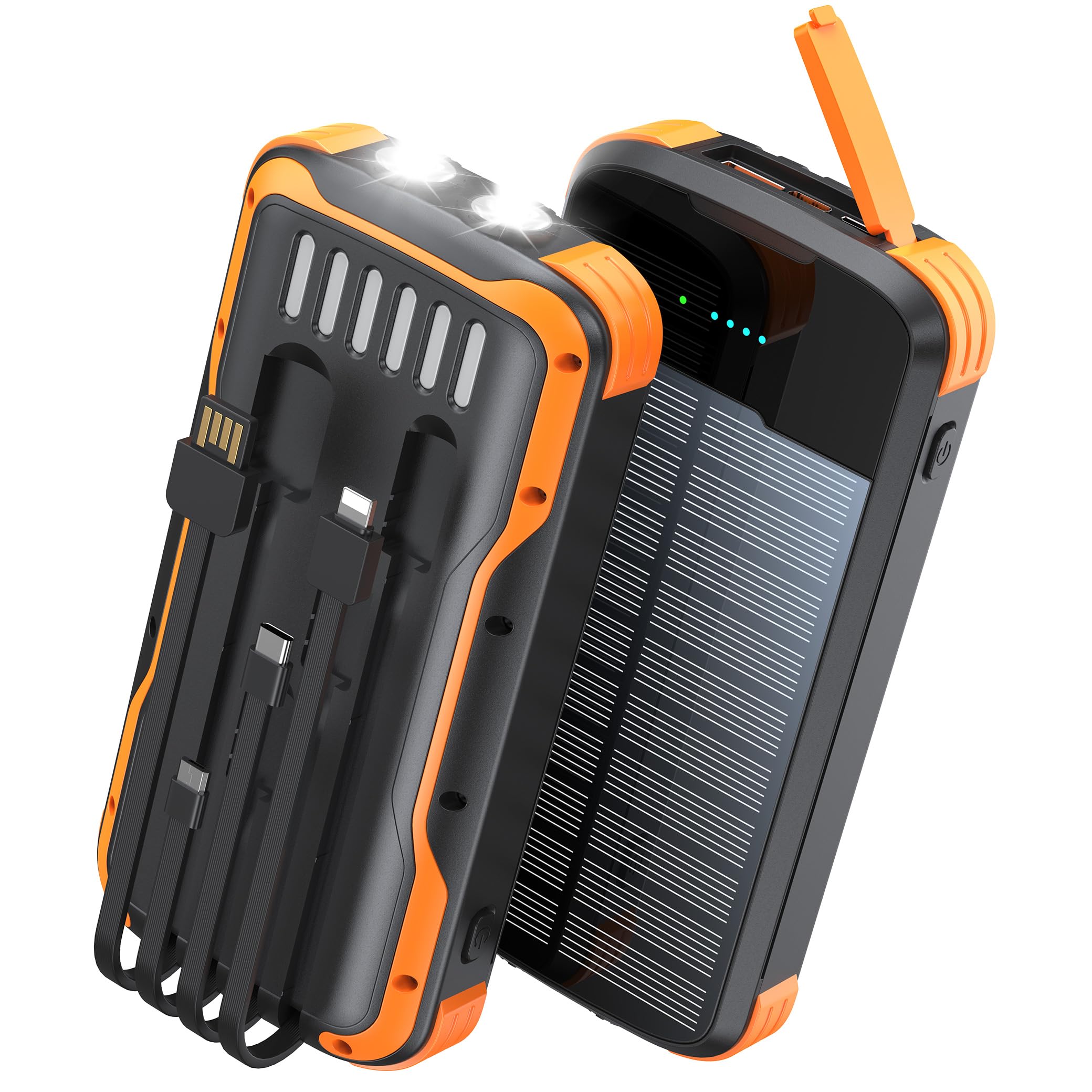 SOXONO Solar Charger Power Bank, PD 20W Fast Charging External Batter, 40000mAh Portable Phone Charger Built in 4 Cables with Dual Bright Flashlights for Camping, Hiking, and Outdoor Use