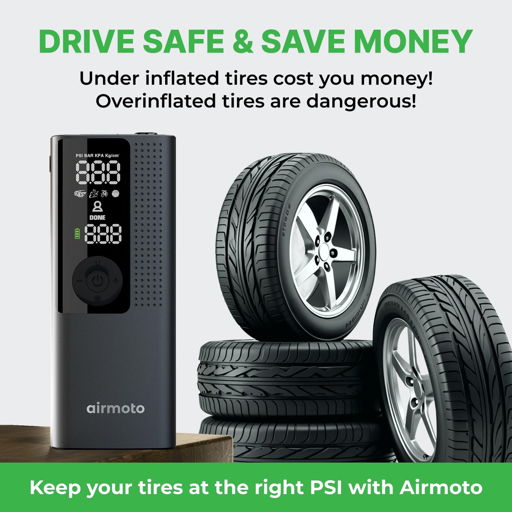 Airmoto Tire Inflator Portable Air Compressor - Air Pump For Car Tires with Digital Pressure Gauge, LED Light and Auto Shut-Off Function - Cordless Pump for Car, Motorcycle, Bicycle, Ball