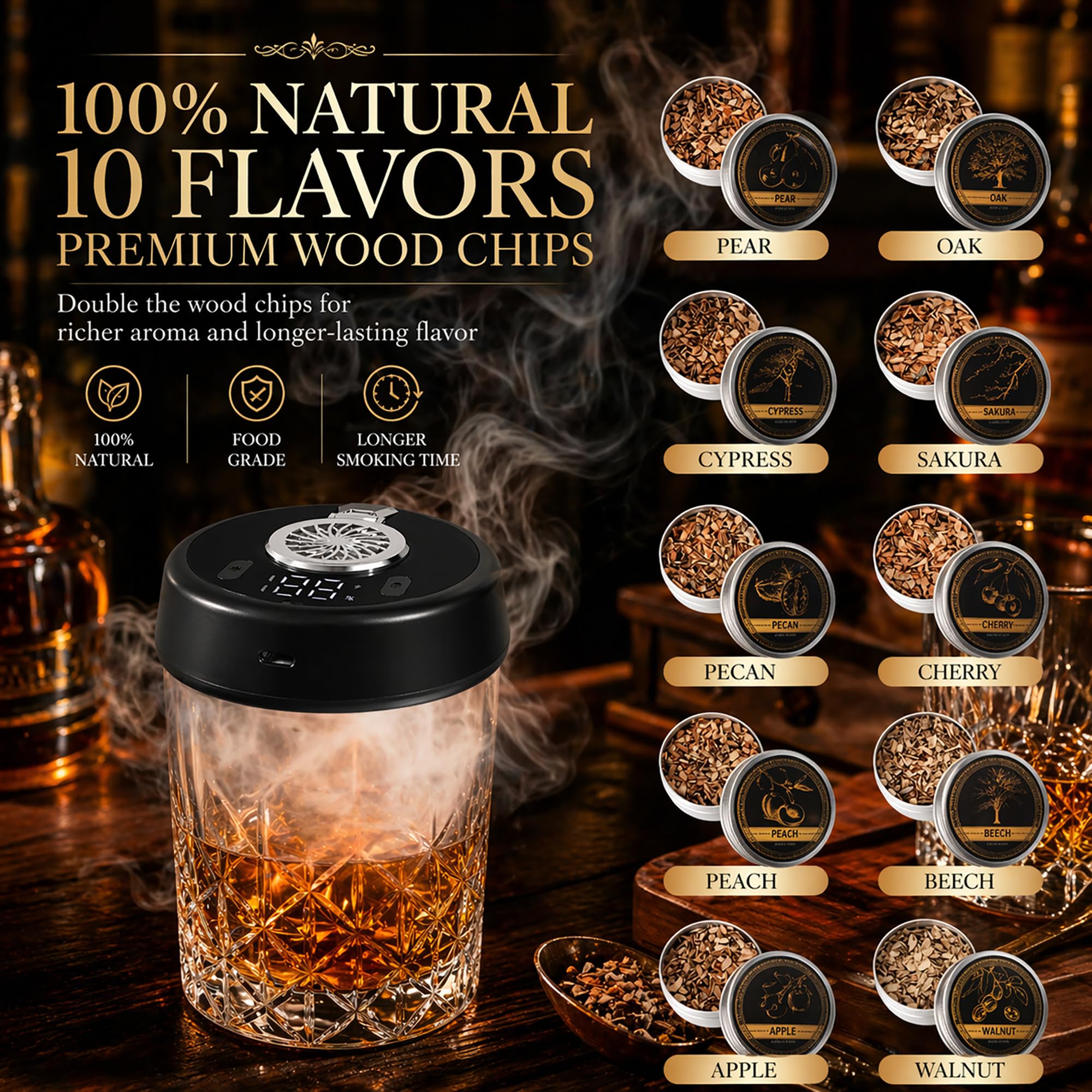 Electric Whiskey Smoker Kit, Torch-Free Rechargeable Cocktail Smoker with 7 Color Lights, Portable Drink Smoker with 10 Wood Chips, Ice Molds & Steel Cubes, Great Gift Idea for Whiskey Lovers