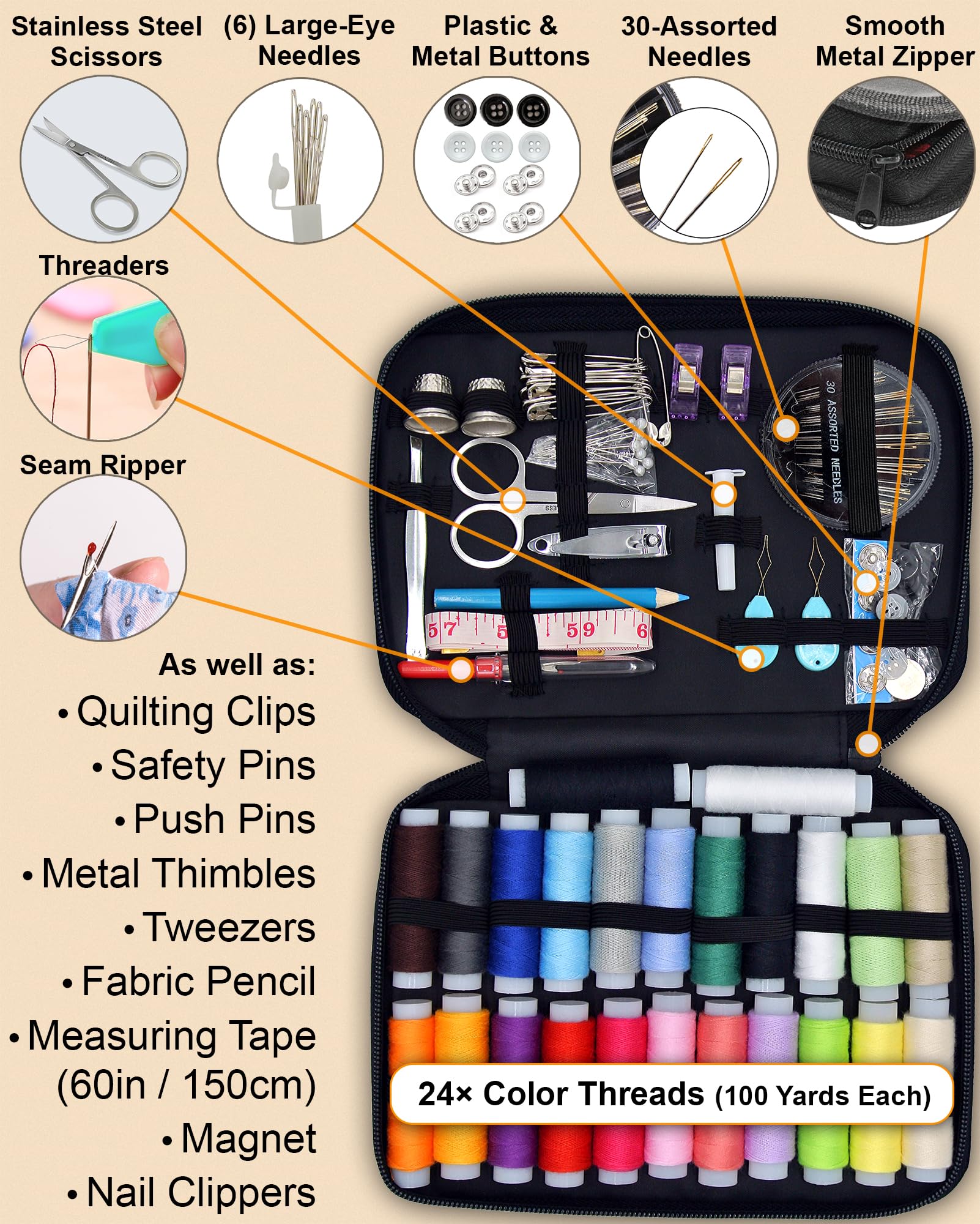 Vellostar Sewing Kit for Adults & Beginners – Portable Needle & Thread Travel Kit w/ 24 Thread Colors, Needles, Scissors & Sewing Supplies for Emergency Clothing Repairs, Buttons, & Home Mending