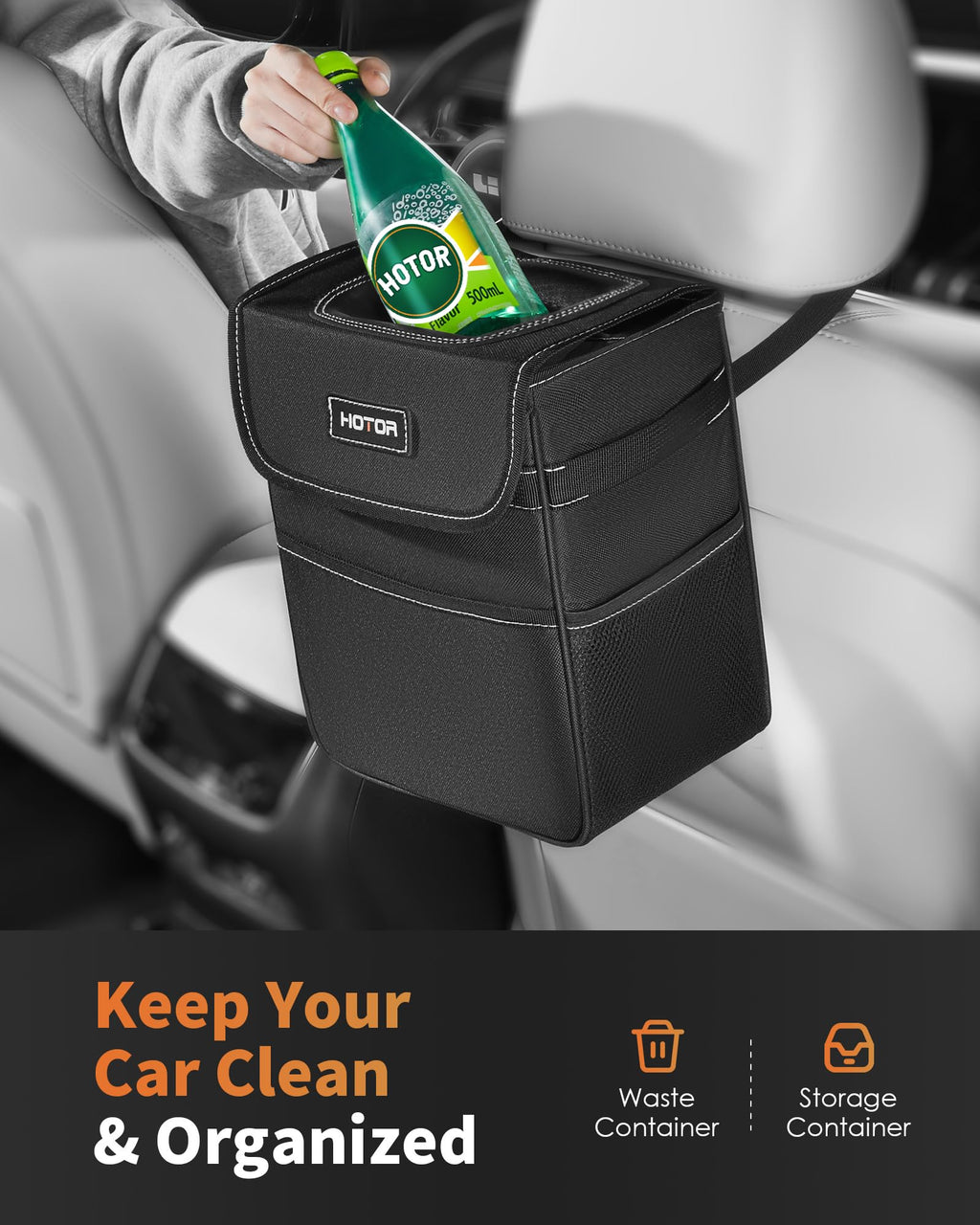 HOTOR Car Trash Can, Leak-Proof Car Organizer, Black