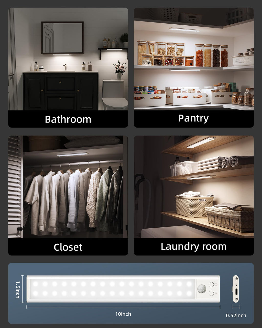 10inch Under Cabinet Lights, Motion Sensor Light Indoor, Wireless Closet Lights, 1800mAh Rechargeable Battery, Magnetic, 5 Levels Dimmable, Under Counter Lights for Kitchen, Bathroom (2 Pack)