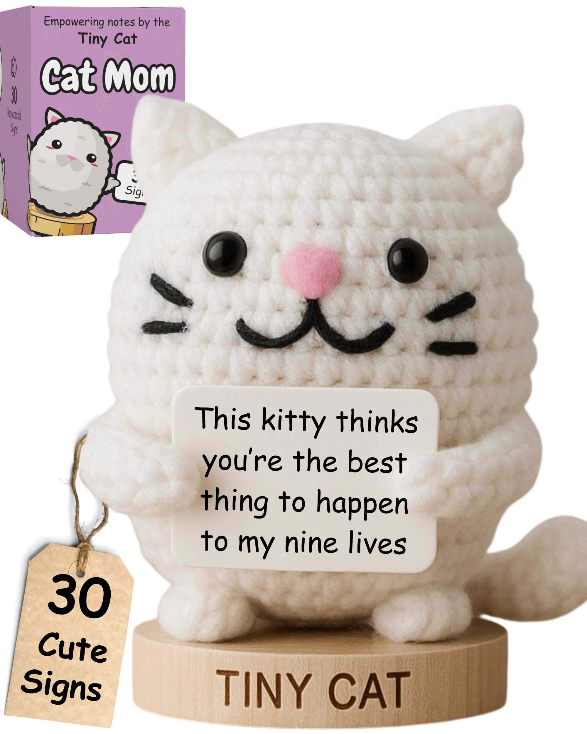 Cat Lover Gifts for Women - Positive Crochet Animal with 30 Cute Signs | Cat Mom Gift for Women for Birthday | Funny Fur Mama Themed Decor Stuff Present Ideas for Cats Lady | Present Idea for Friends