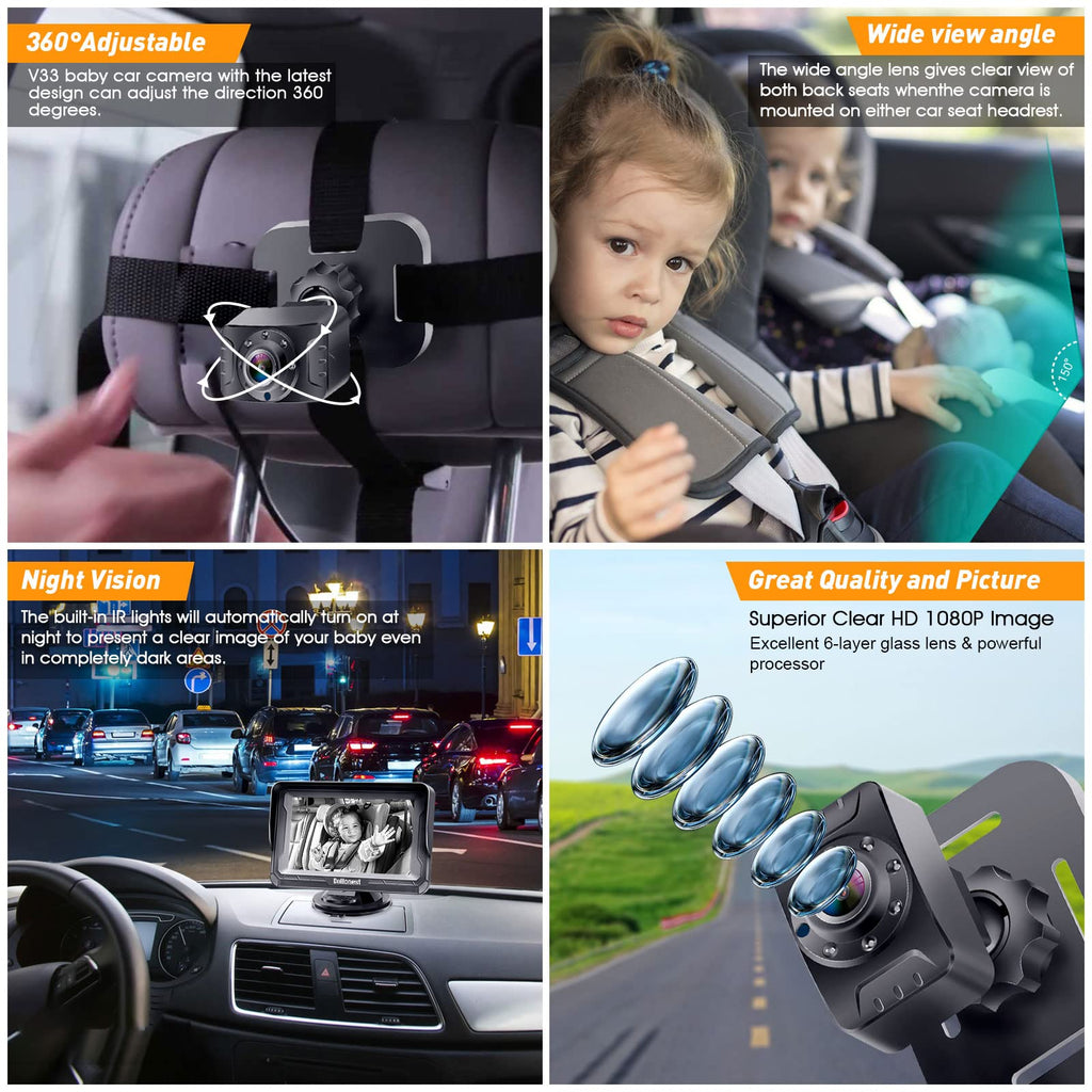 DoHonest Baby Car Camera HD 1080P - Rear-Facing Car Baby Monitor with Night Vision, Adjustable View Angle, Easy Setup, Anti-Glare Display, Safety for Kids & Infants