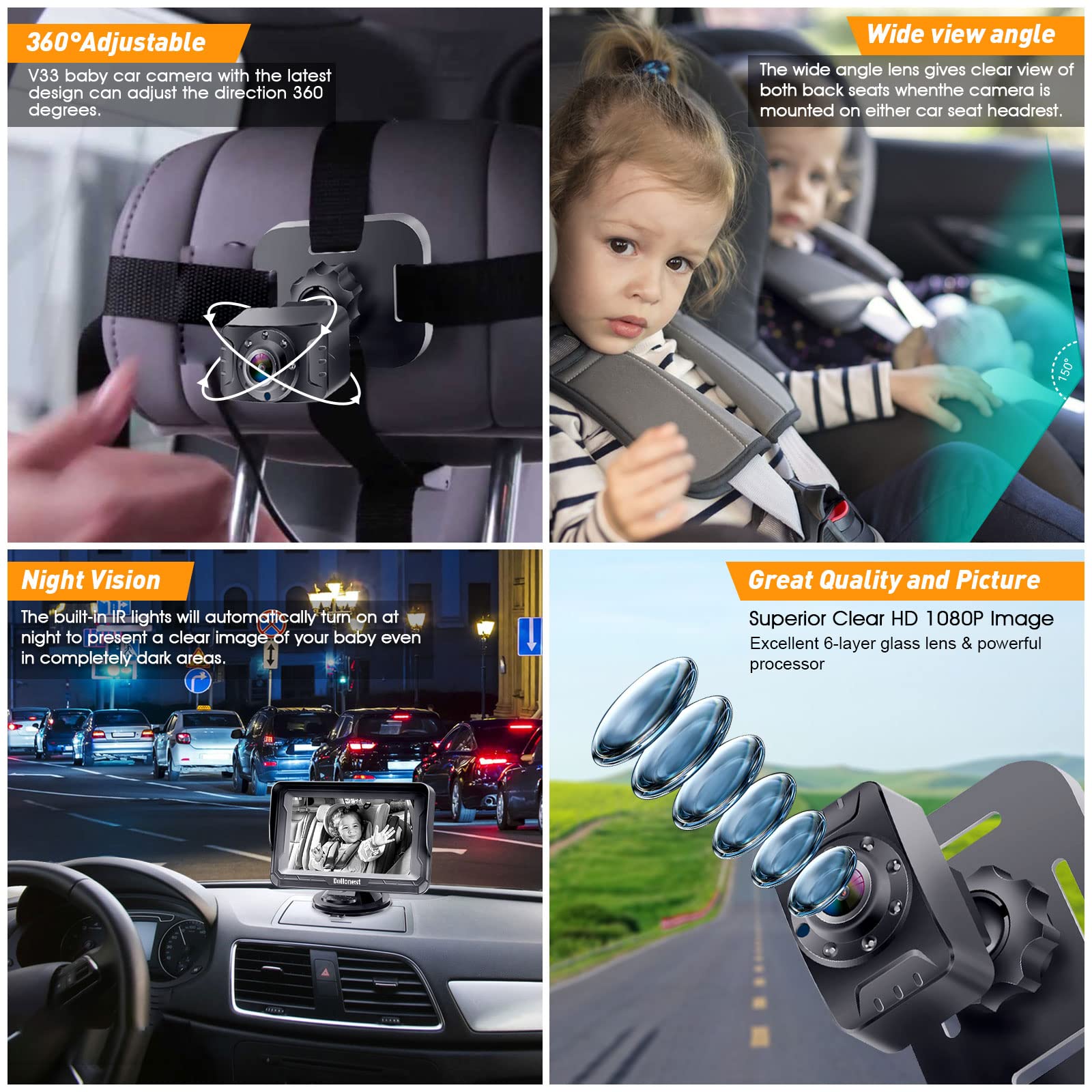 DoHonest Baby Car Camera HD 1080P - Rear-Facing Car Baby Monitor with Night Vision, Adjustable View Angle, Easy Setup, Anti-Glare Display, Safety for Kids & Infants