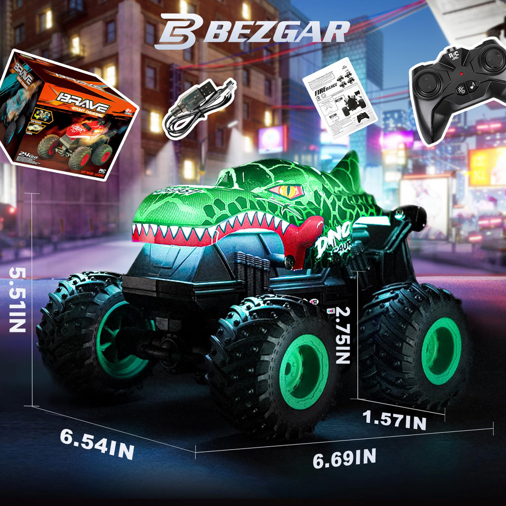 BEZGAR Monster Truck Toys - Remote Control Monster Truck with Light & Music, Dinosaur Toys for Kids, 1:20 Scale RC Truck with 360° Spins and Drifting, Remote Control Car for Boys 4-7