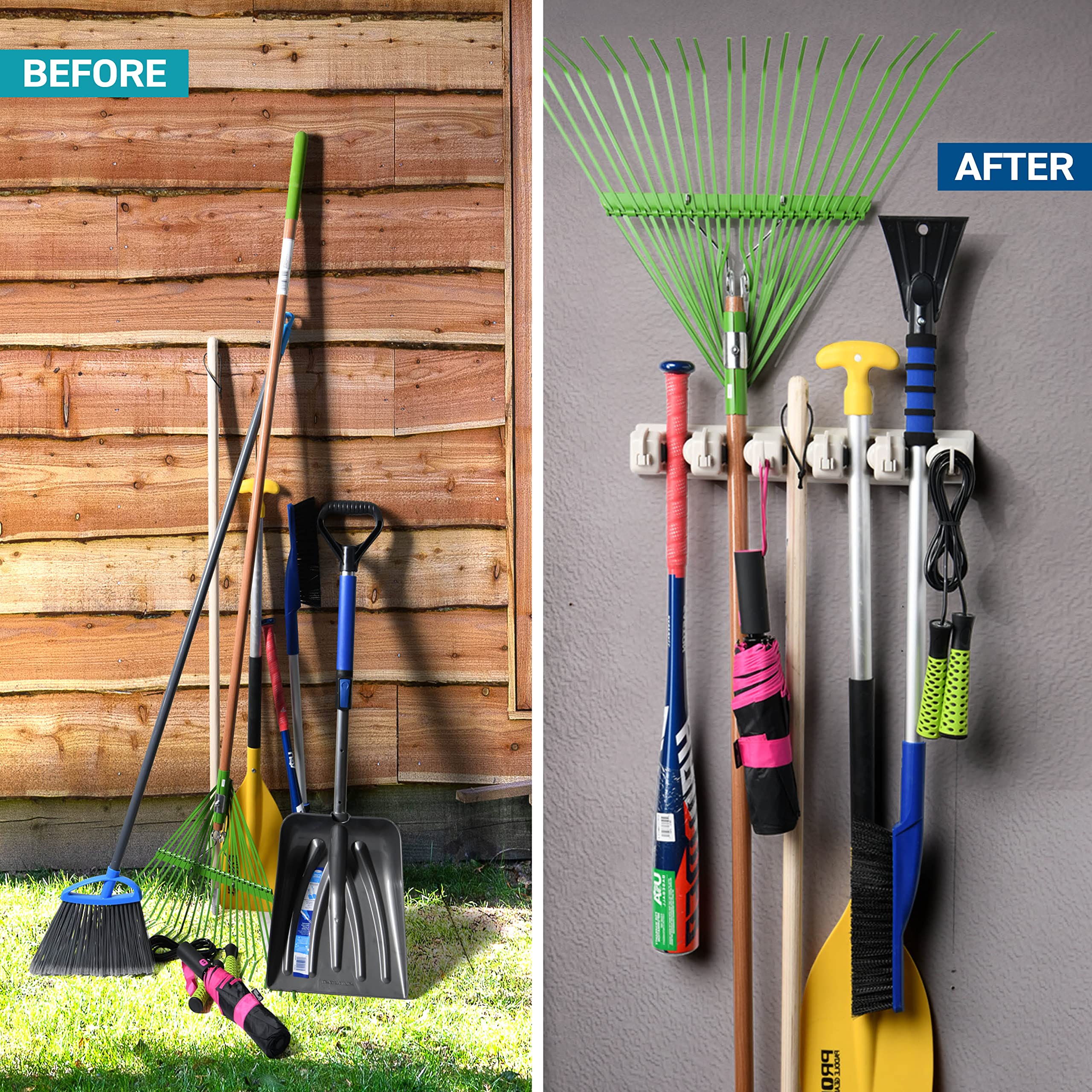 HOME IT Broom and Mop Holder Wall Mount – Heavy Duty Garage Organizer with 5 Slots & 6 Hooks, 7.5lbs Capacity Per Slot - Easy Install Storage Rack for Home, Kitchen, Laundry Room & Garden - Off-White